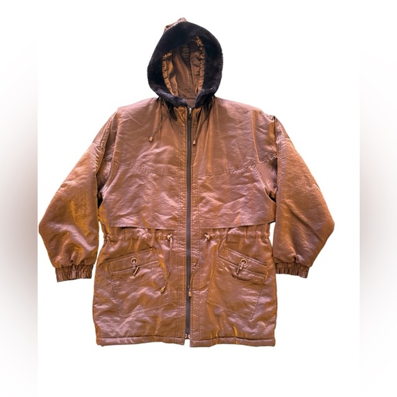 Sarah Morgan Vintage Winter Coat Women's hoodie pocket full zipper brown black L - Picture 1 of 16